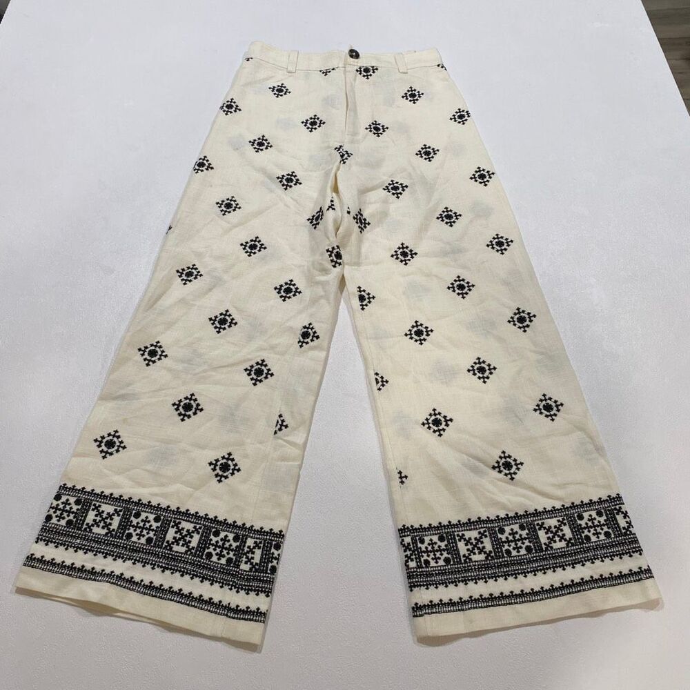 Zara Cream Embroidered Wide Leg Pants XS Boho Linen Blend - Picture 4 of 7